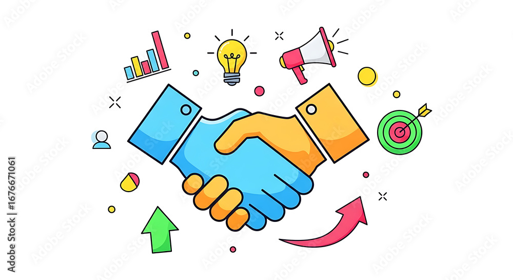 Aufkleber illustration of a handshake with business icons including a lightbulb and graph on a white backgroun
