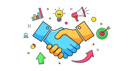 Illustration of a handshake with business icons including a lightbulb and graph on a white background ai generated