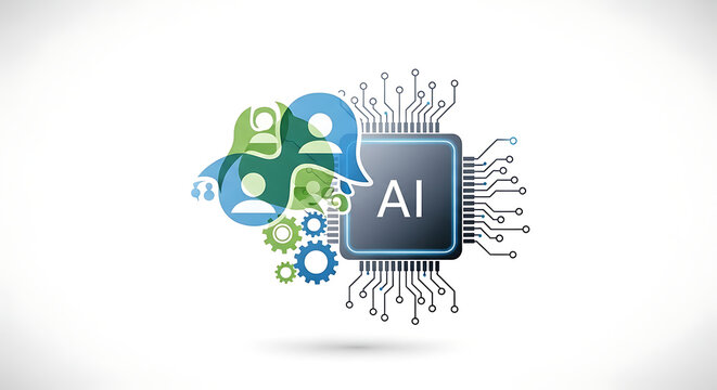 Illustration of ai chip with social media icons and gears on a white background design concept ai generated - Powered by Adobe