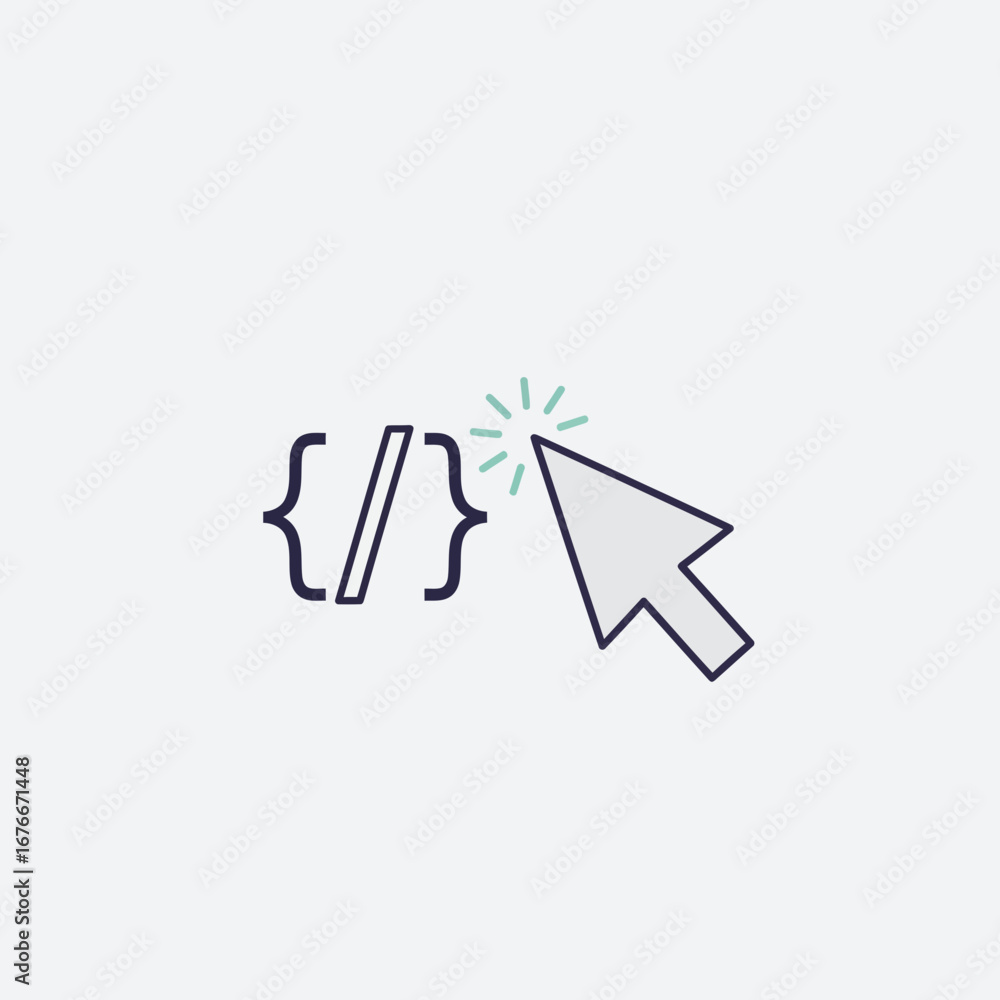 Poster cursor clicking on code brackets symbol on a light background.