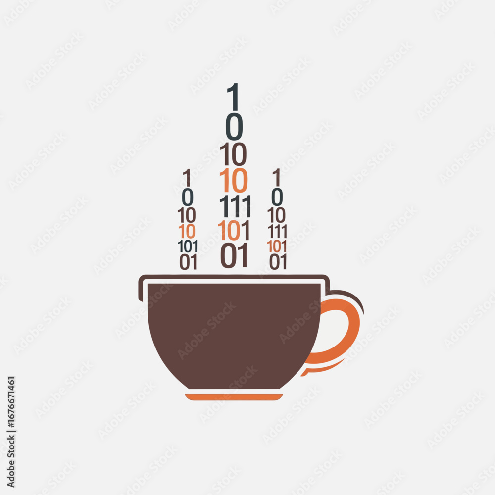 Poster coffee cup with binary code steam rising from it.