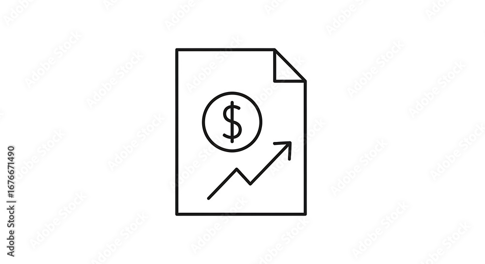 Poster a line drawing of a document showing a dollar sign and an upward trending arrow on a white backgroun