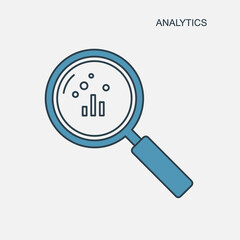 Magnifying glass over bar chart with analytics text.
