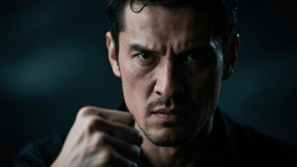 Fototapeta premium Intense Man in Dark Suit Raising Fist in Dramatic Lighting Portrait