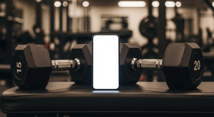 Smartphone with blank screen positioned between dumbbells in a gym setting.
