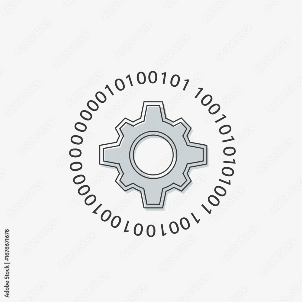 Poster gear surrounded by binary code on a light background.