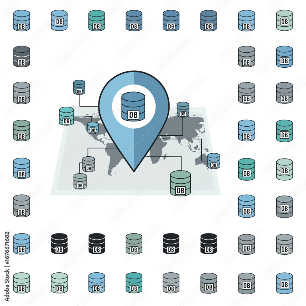 Aufkleber global network of data servers connected to a central location marker.