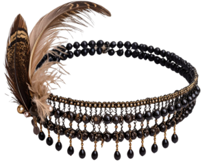 Beaded Flapper Headband with Curved Feather, Top-Down Flat Lay, Isolated