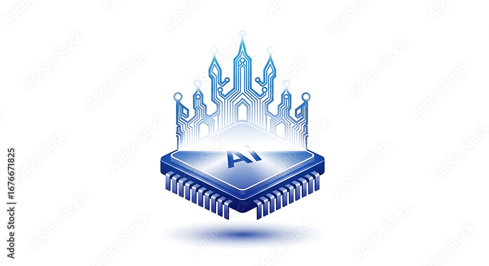 Poster a blue ai chip with circuit board design on a white background representing technology and innovatio