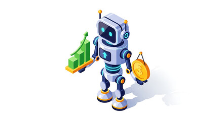 Isometric robot holding a graph and a coin on a white background showing financial growth and automation ai generated