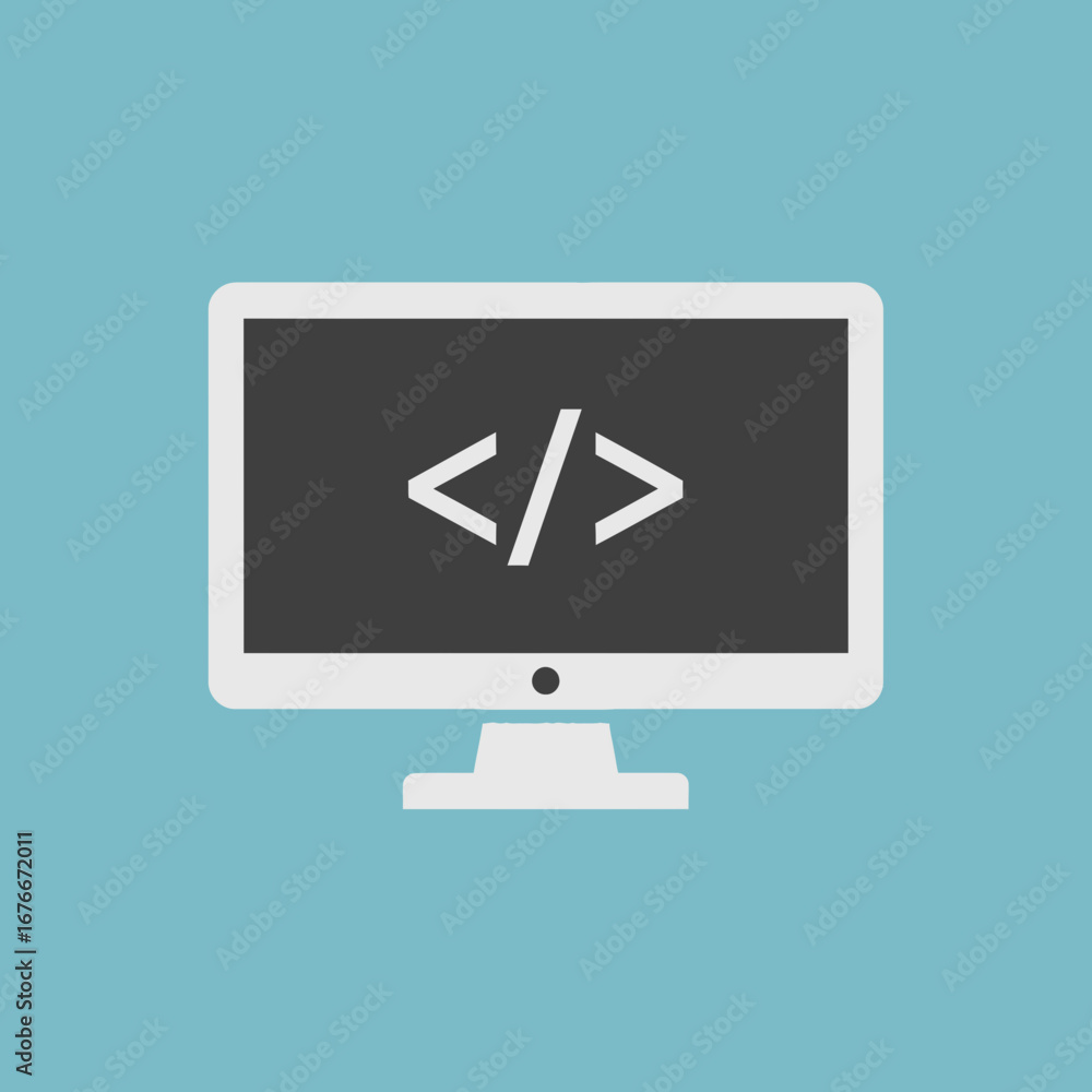 Aufkleber computer screen displaying code symbols on a blue background.