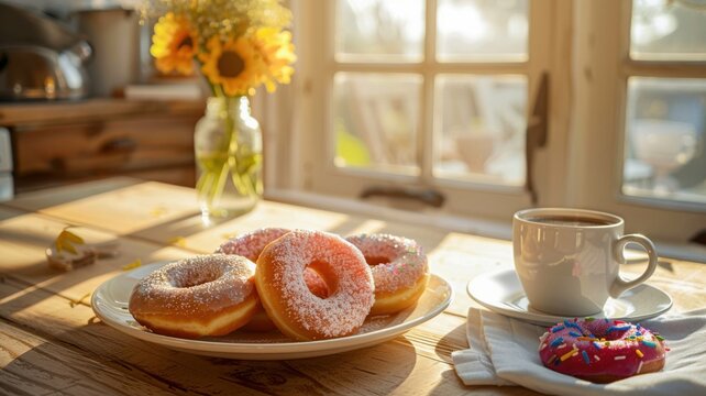 Warm morning setup with coffee and colorful donuts