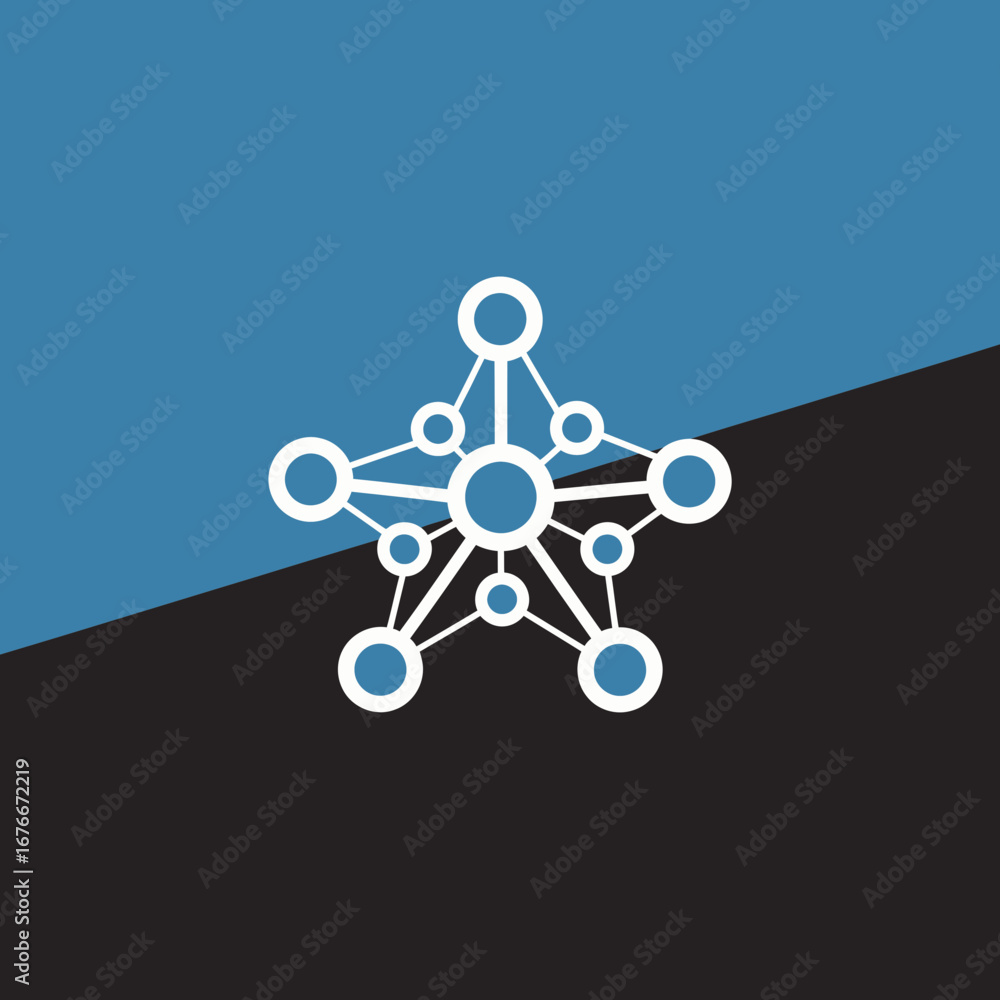 Poster abstract star shape with connected nodes on a blue and black background.