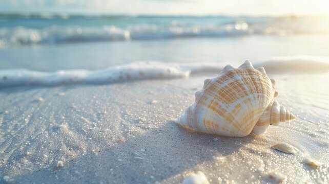 Natural shell on sandy beach with soft waves
