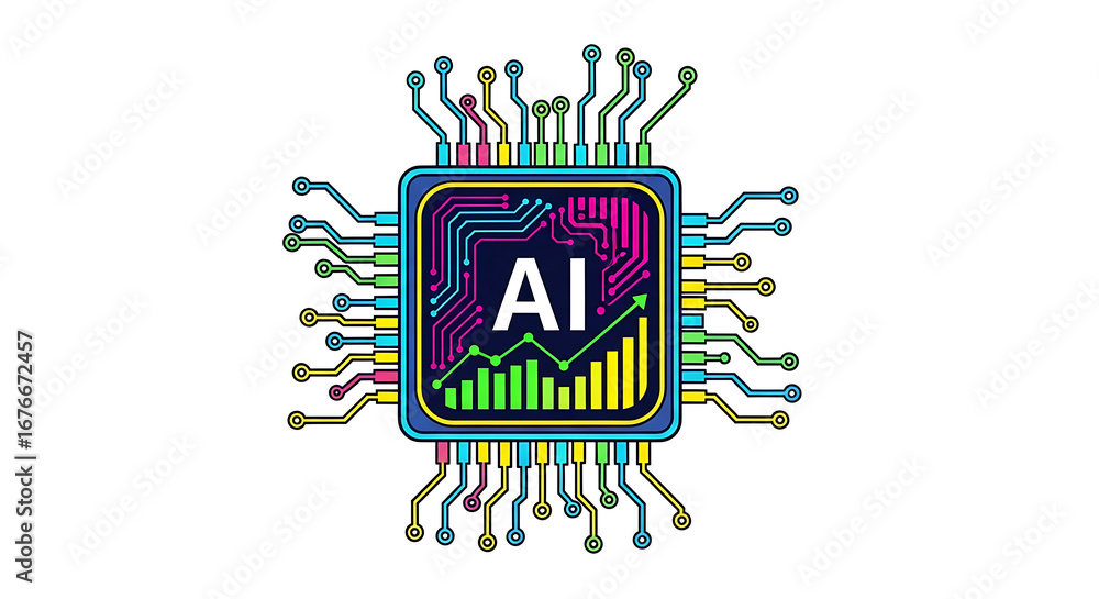 Poster illustration of a colorful ai chip with an upward trending graph on a white background ai generated