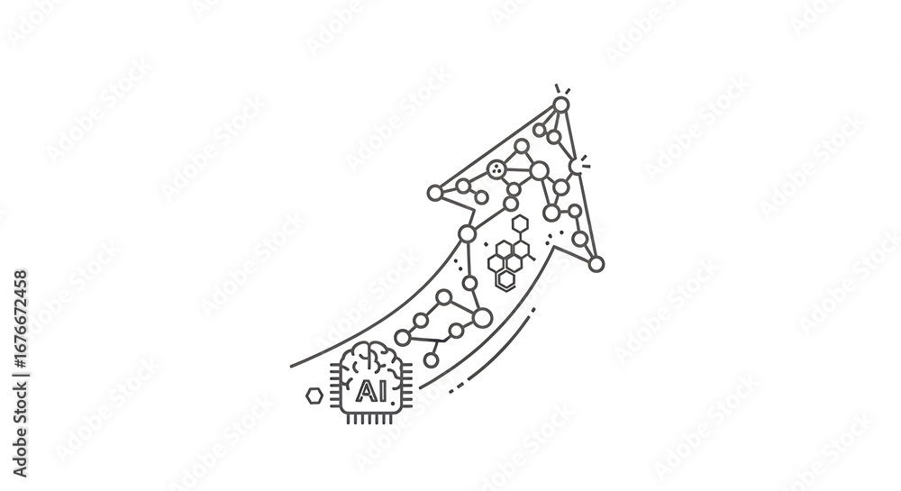 Poster illustration of an upward arrow with ai chip and molecule structures representing technological adva