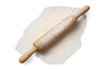 Wooden rolling pin covered with flour on transparent background