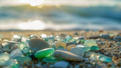 Ocean tide near vibrant sea glass and beach stones