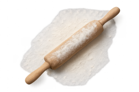 Wooden rolling pin covered with flour on transparent background