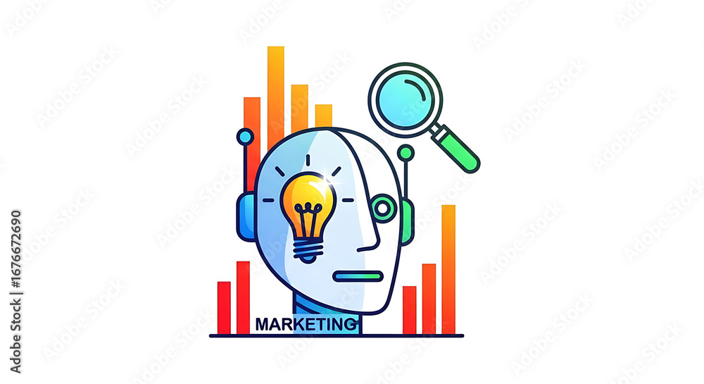 Poster illustration of a robot head with a lightbulb eye and a magnifying glass surrounded by bar graphs ai