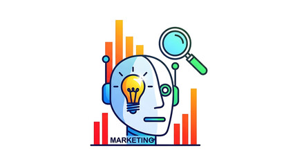 Illustration of a robot head with a lightbulb eye and a magnifying glass surrounded by bar graphs ai generated
