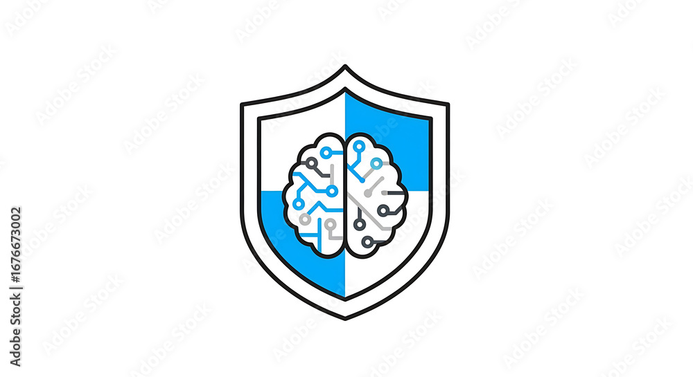 Poster a shield with a brain inside split in half with circuit patterns on a white background illustration 
