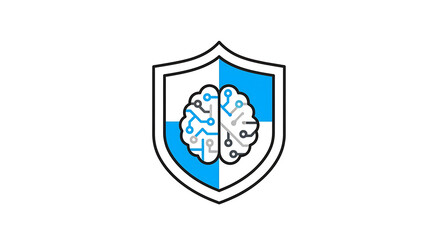 A shield with a brain inside split in half with circuit patterns on a white background illustration ai generated