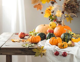 Autumnal harvest bounty on a rustic wooden table