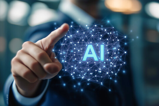 Businessman Touching AI Icon with Digital Network Interface. Artificial Intelligence Concept with Futuristic HUD Design