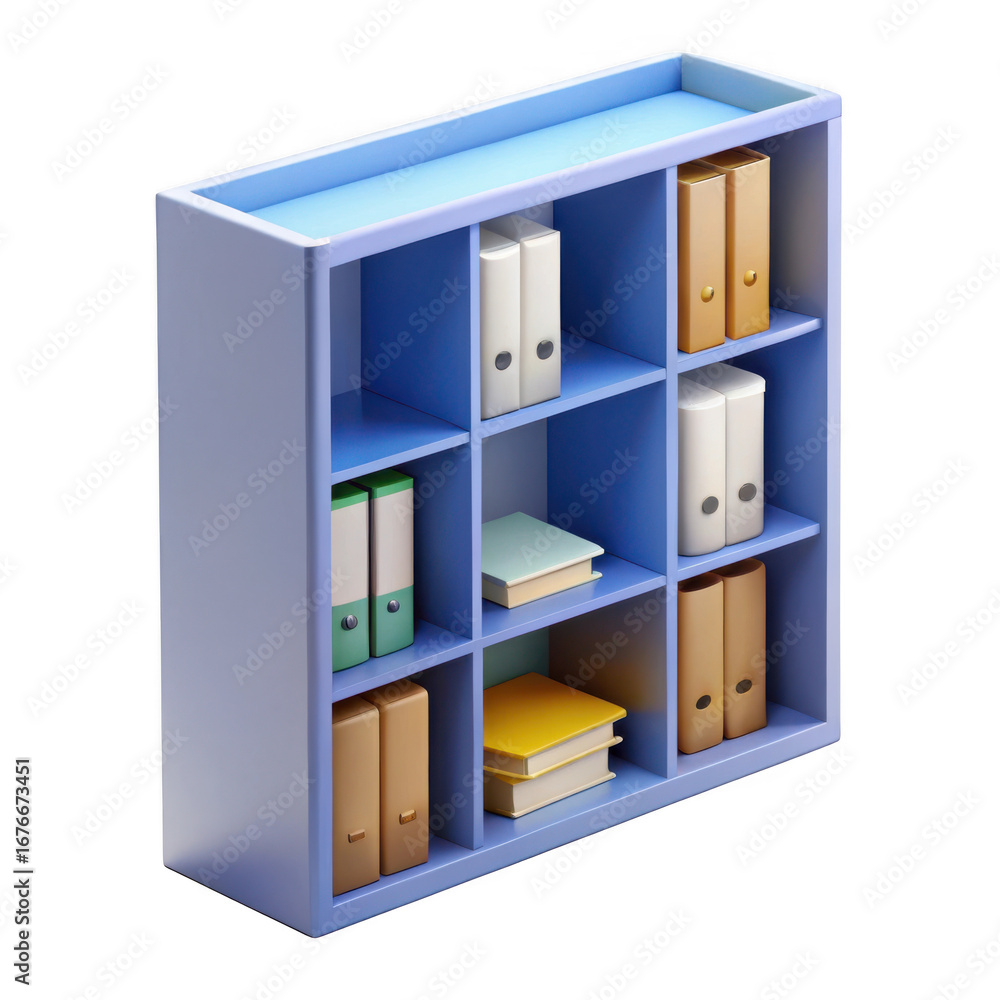 Poster 3d blue shelving unit with files isolated on transparent background