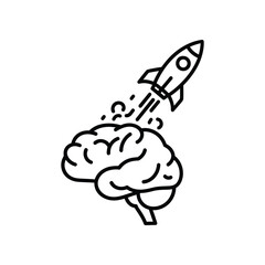 Innovation Launch: A conceptual image of a rocket launching from a brain, representing the power of human intellect to generate innovative ideas and ignite progress. 