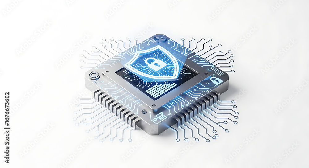 Poster close up of a microchip with a shield and padlock symbol on a white surface for security concept ai 