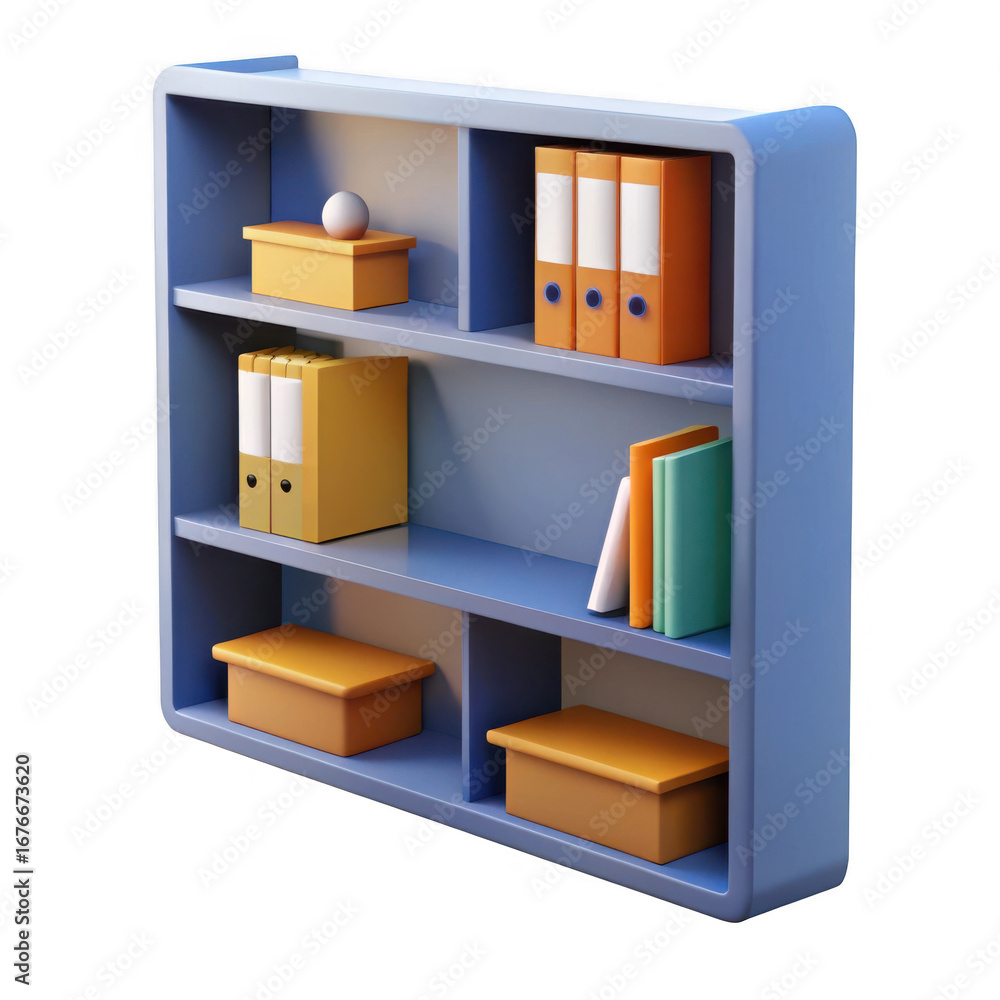 Poster 3d blue bookshelf with storage boxes and binders isolated on transparent background