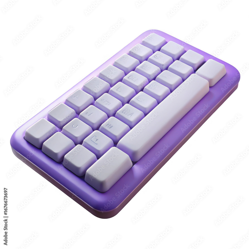 Poster 3d compact mechanical keyboard with purple casing isolated on transparent background