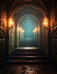 Fototapeta premium Dark, Stone-Arched Dungeon Passageway with Candles.