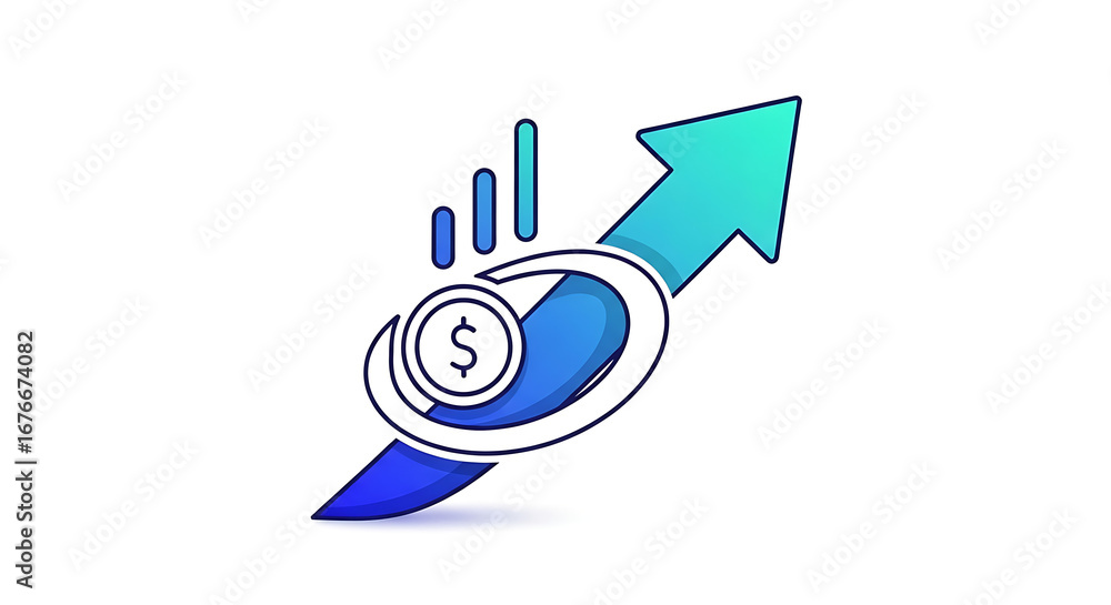 Aufkleber illustration of a blue gradient arrow pointing upwards with a coin and graph bars near it ai generat