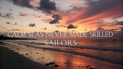 Serene beach sunset with reflections and inspirational quote