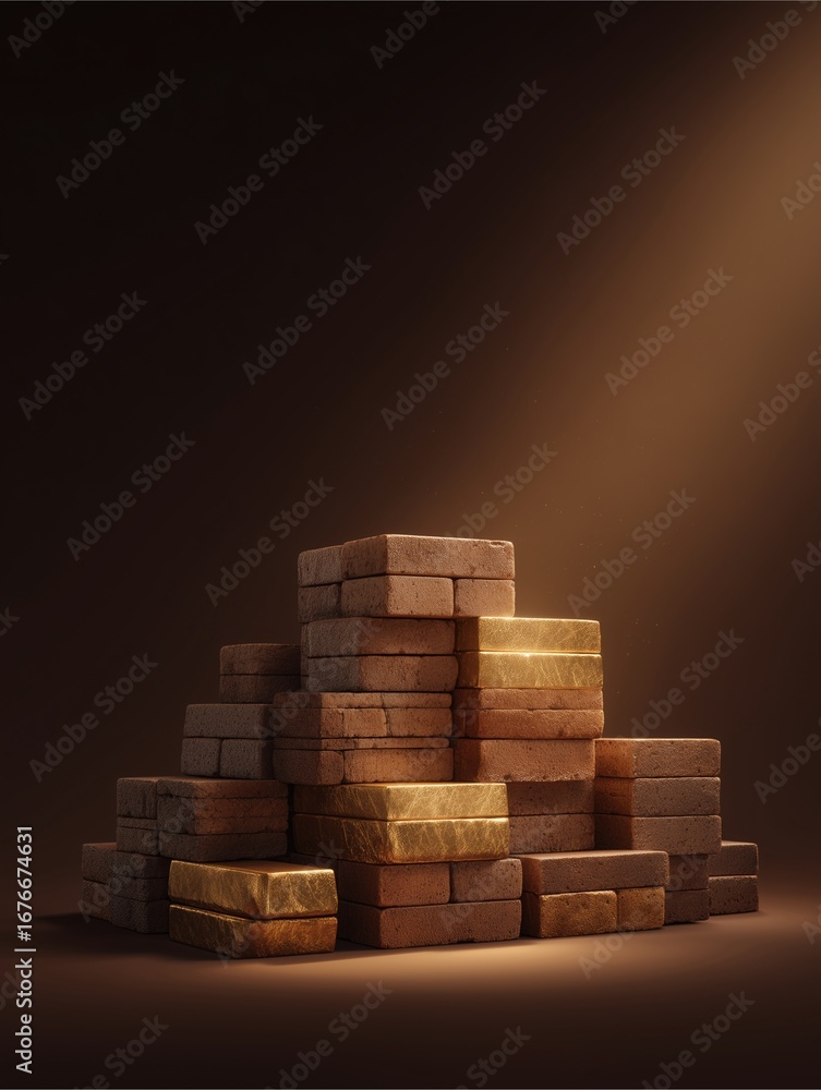 Poster Pile of Bricks: A neatly stacked assortment of rectangular bricks, illuminated by a single beam of light casting shadows that add texture and depth, capturing simplicity and strength