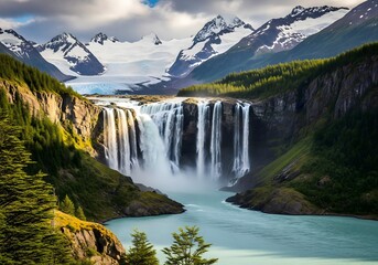Fototapeta premium Spectacular Waterfall Cascading into a Serene Lake Amidst Majestic Mountains