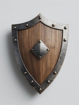 Shield of Protection: A meticulously crafted wooden shield, edged with metal studs and a diamond centerpiece, epitomizes defense and security. A perfect visual for themes of strength, protection.