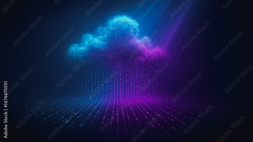 Poster digital cloudscape: a neon-lit depiction of a cloud, raining data streams, signifying modern technol