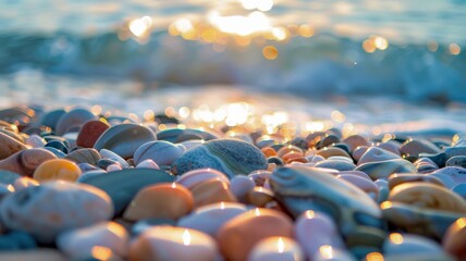 Fototapeta premium Coastal pebbles at sunset with waves in the background