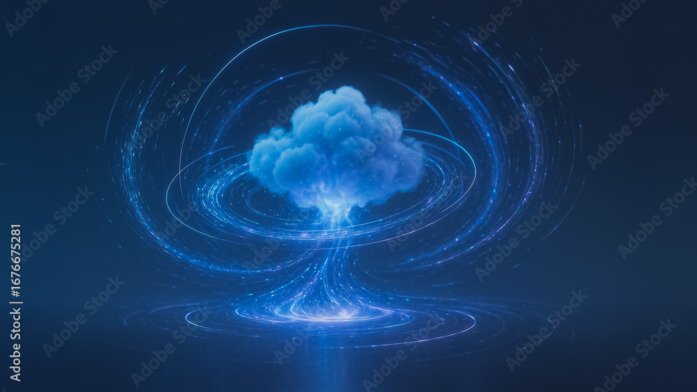 Poster cloud computing data flow: an ethereal depiction of cloud computing, with a luminous cloud formation