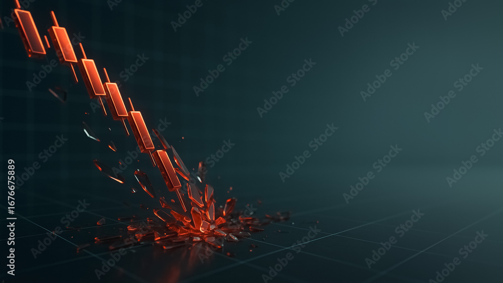 Poster deconstructing chart: an abstract artistic representation of a stock chart undergoing a crash or dec