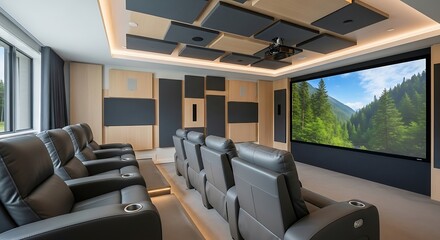 Luxury modern home cinema room featuring plush leather recliners, a large projection screen, and custom acoustic paneling for an immersive movie experience.