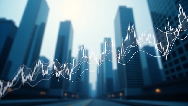 Financial charts overlay a cityscape with tall buildings.
