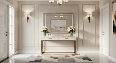 A luxurious and elegant entryway featuring a gold-framed console table with fresh flowers, a decorative mirror, and sophisticated wall paneling. Perfect for modern classic home decor inspiration.