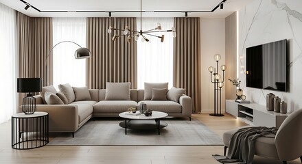 A stunning modern living room featuring a large L-shaped sofa, neutral color palette, stylish lighting, and elegant decor, ideal for contemporary home inspiration.