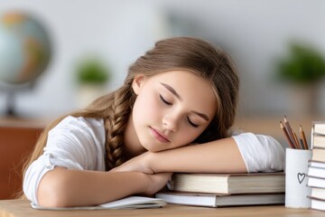 Young girl rests, peacefully asleep, her head resting gently upon stacked books. Her face is serene, displaying tranquility. Books, pencils, globe sit nearby, creating learning environment. Scene