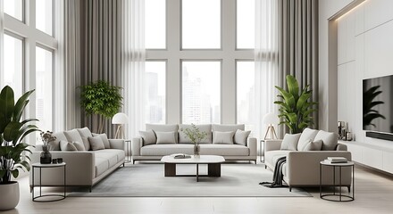 A spacious and elegant modern living room with comfortable neutral-toned sofas, large windows offering city views, and vibrant green plants, creating a serene and luxurious urban interior.